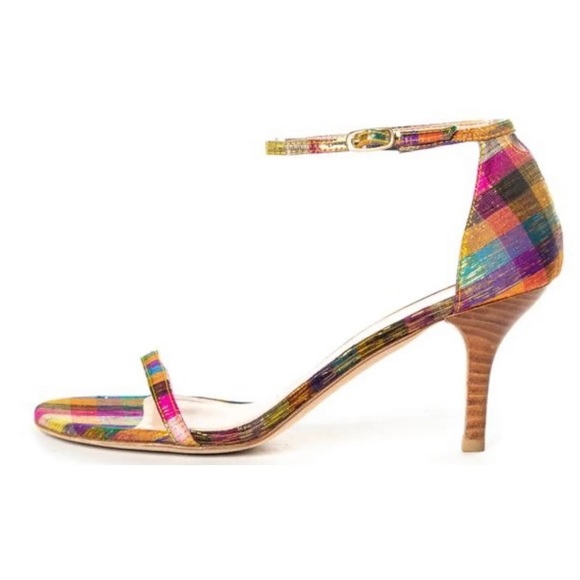 Stuart Weitzman Shoes - STUART WEITZMAN Metallic Rainbow Plaid Leather Ankle Strap Nunaked Sandals 10M